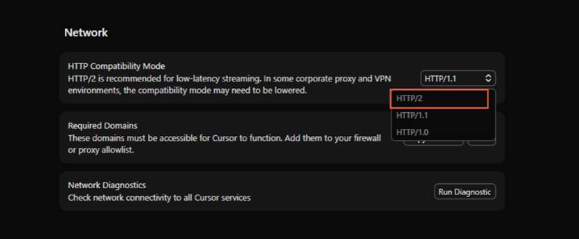Cursor Network settings: switch HTTP Compatibility Mode to HTTP/1.1